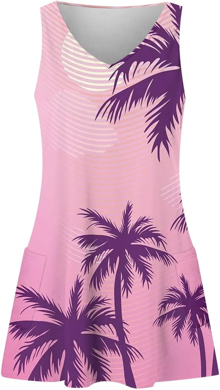 Hawaiian Dresses for Women 2024 Vacation V Neck Sleeveless Casual Dress Palm Print Summer Sundresses with Pockets