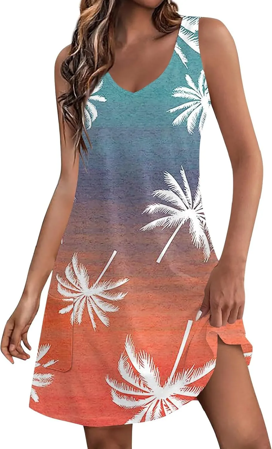 Hawaiian Dresses for Women 2024 Vacation V Neck Sleeveless Casual Dress Palm Print Summer Sundresses with Pockets