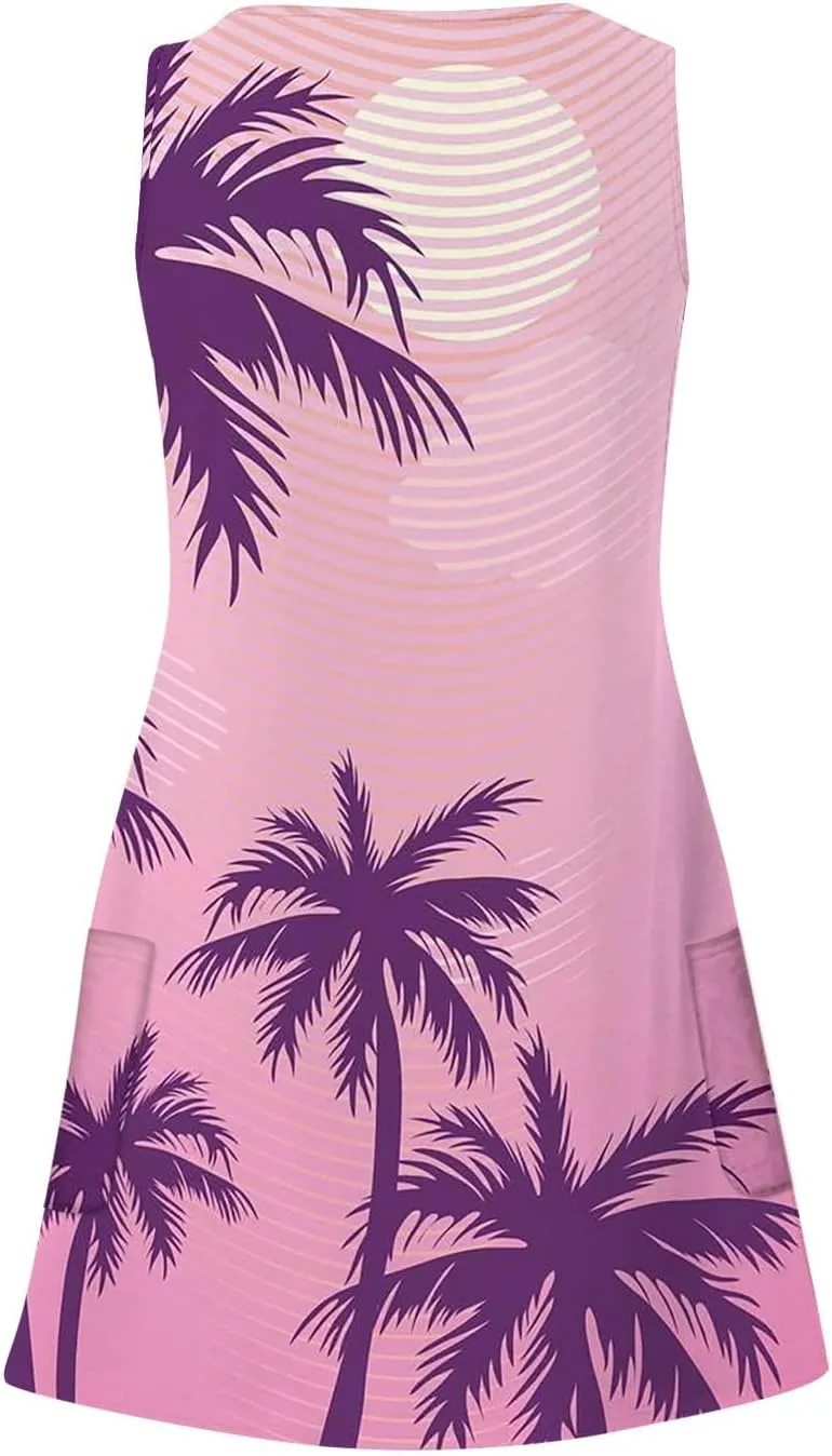 Hawaiian Dresses for Women 2024 Vacation V Neck Sleeveless Casual Dress Palm Print Summer Sundresses with Pockets