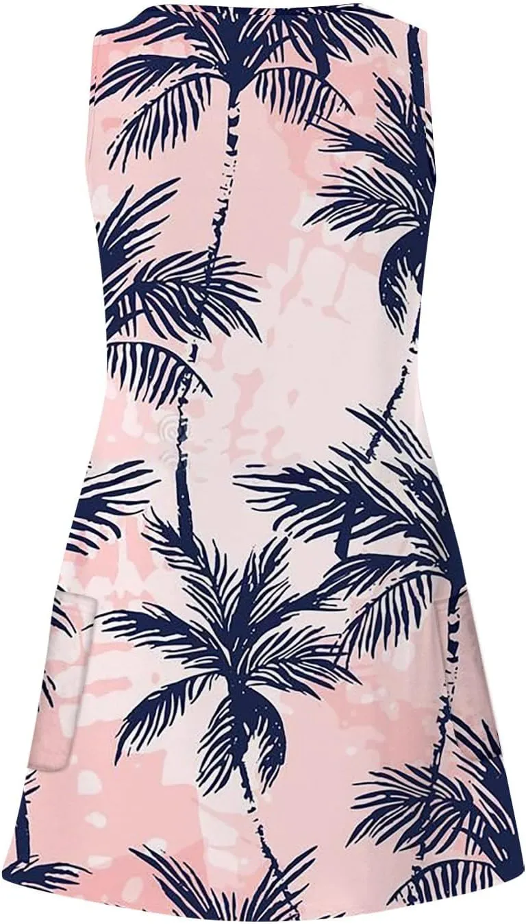 Hawaiian Dresses for Women 2024 Vacation V Neck Sleeveless Casual Dress Palm Print Summer Sundresses with Pockets