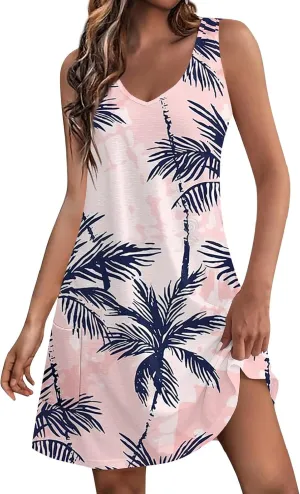 Hawaiian Dresses for Women 2024 Vacation V Neck Sleeveless Casual Dress Palm Print Summer Sundresses with Pockets