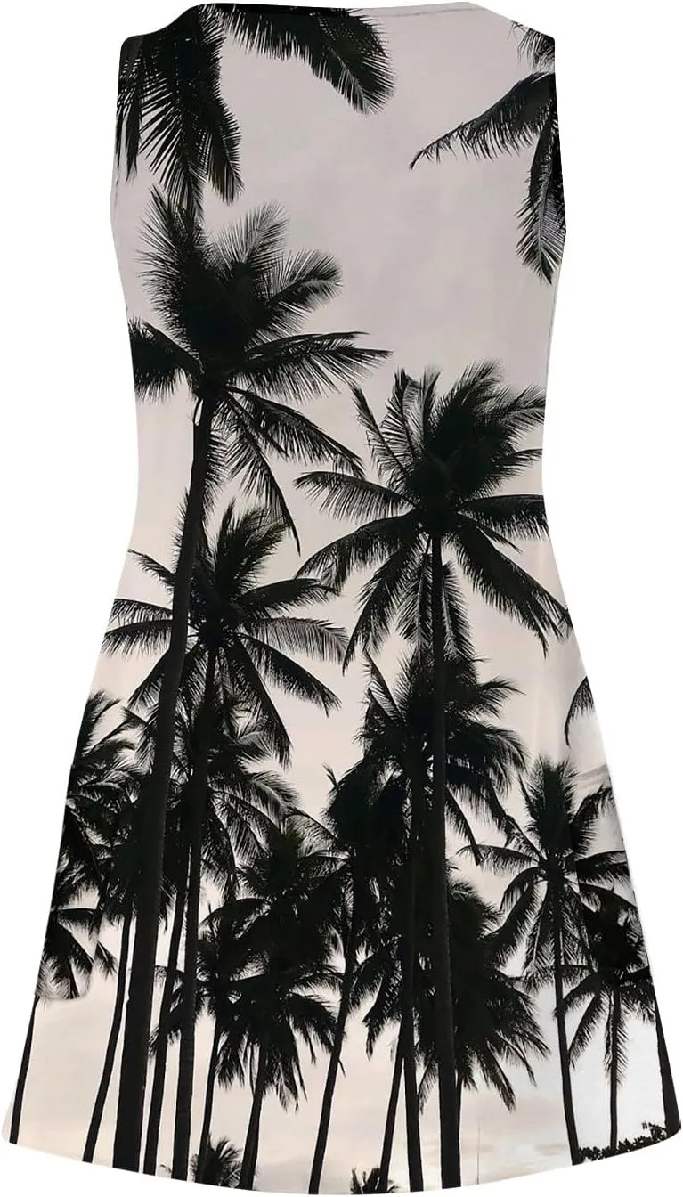 Hawaiian Dresses for Women 2024 Vacation V Neck Sleeveless Casual Dress Palm Print Summer Sundresses with Pockets