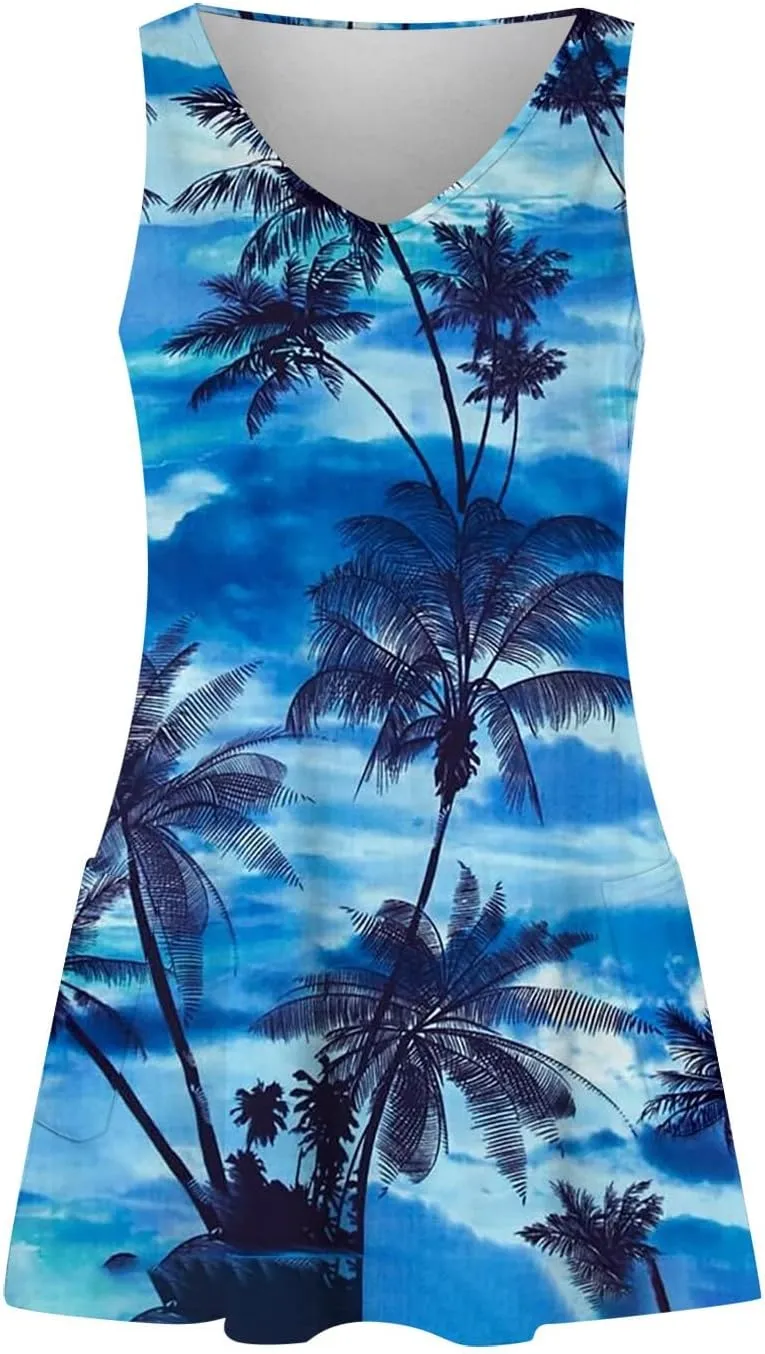 Hawaiian Dresses for Women 2024 Vacation V Neck Sleeveless Casual Dress Palm Print Summer Sundresses with Pockets