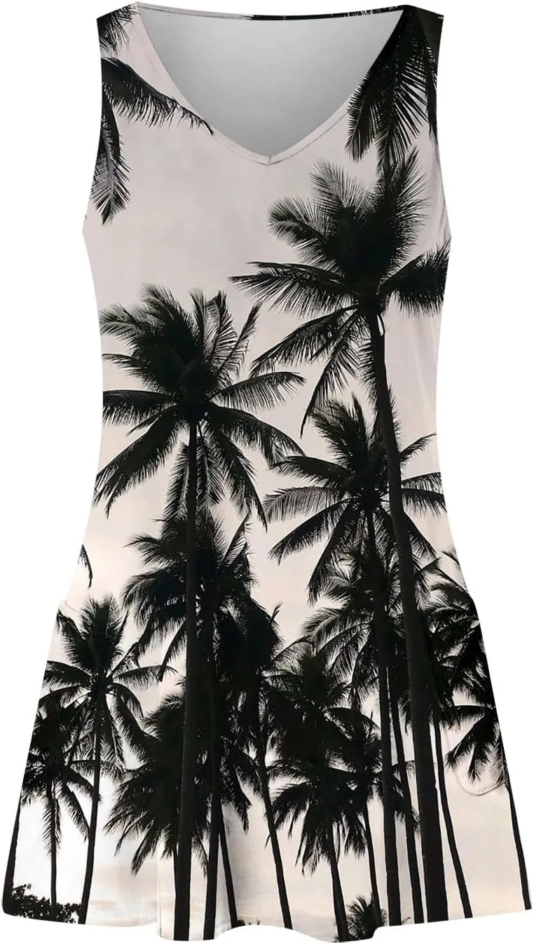 Hawaiian Dresses for Women 2024 Vacation V Neck Sleeveless Casual Dress Palm Print Summer Sundresses with Pockets