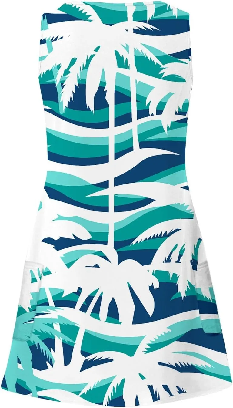 Hawaiian Dresses for Women 2024 Vacation V Neck Sleeveless Casual Dress Palm Print Summer Sundresses with Pockets