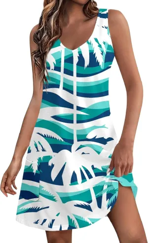 Hawaiian Dresses for Women 2024 Vacation V Neck Sleeveless Casual Dress Palm Print Summer Sundresses with Pockets