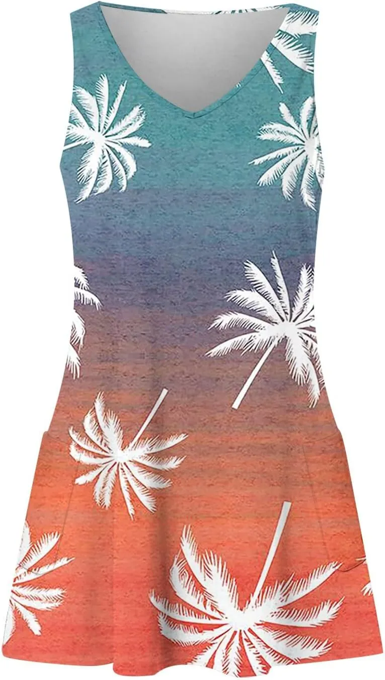 Hawaiian Dresses for Women 2024 Vacation V Neck Sleeveless Casual Dress Palm Print Summer Sundresses with Pockets