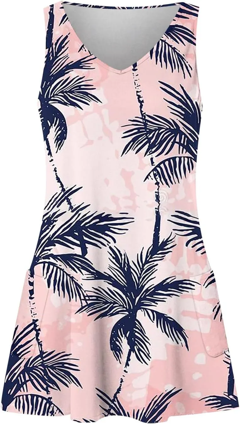 Hawaiian Dresses for Women 2024 Vacation V Neck Sleeveless Casual Dress Palm Print Summer Sundresses with Pockets