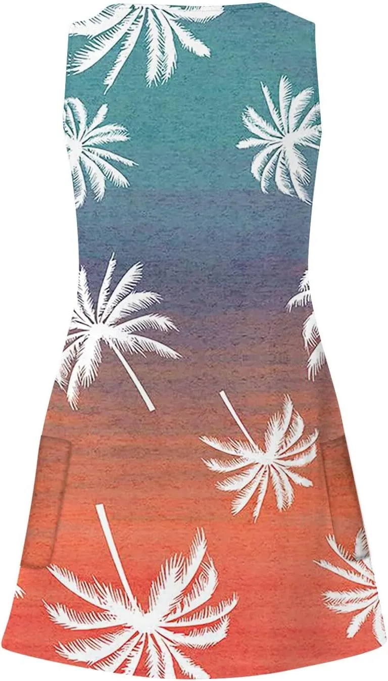 Hawaiian Dresses for Women 2024 Vacation V Neck Sleeveless Casual Dress Palm Print Summer Sundresses with Pockets