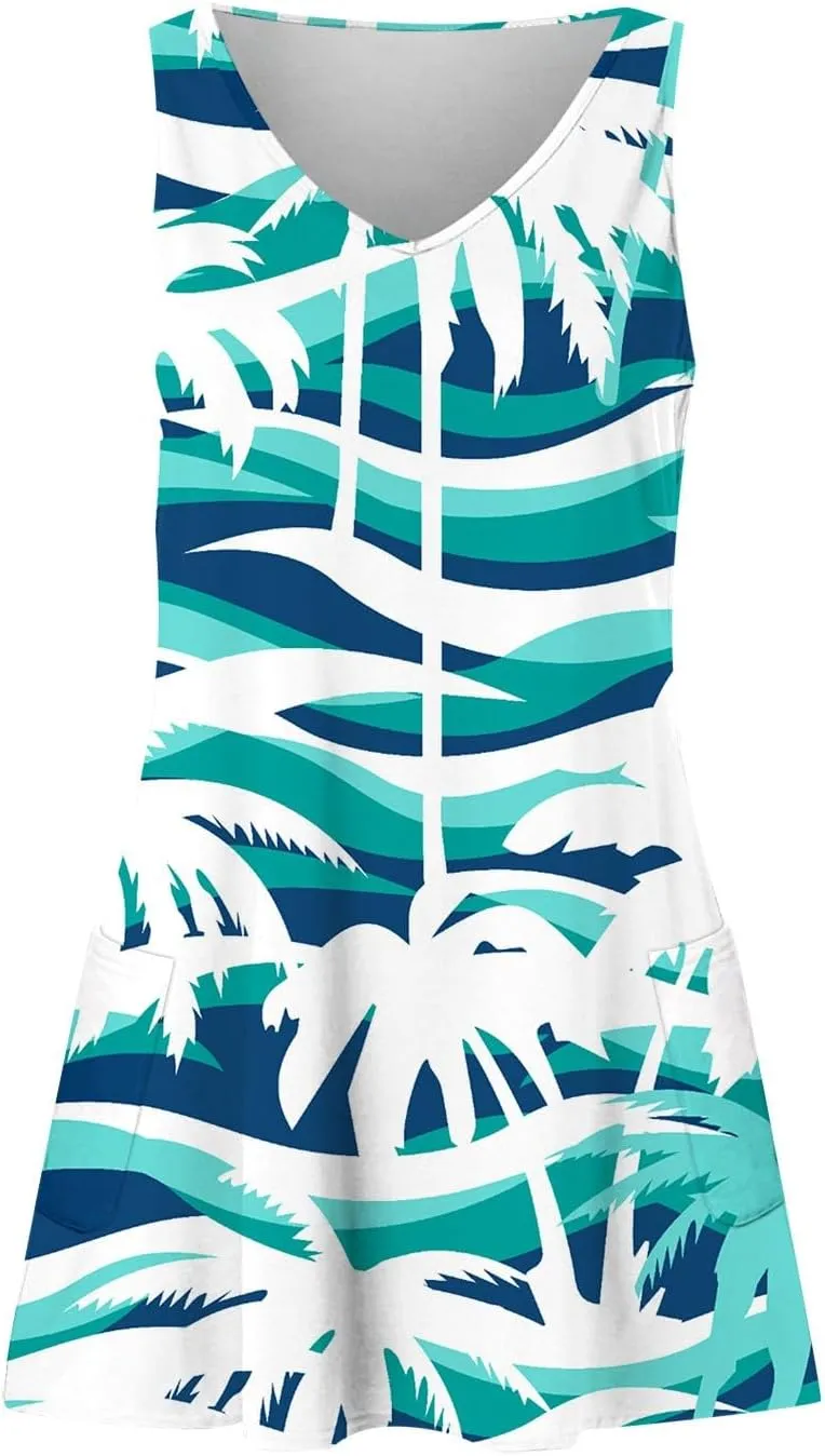 Hawaiian Dresses for Women 2024 Vacation V Neck Sleeveless Casual Dress Palm Print Summer Sundresses with Pockets