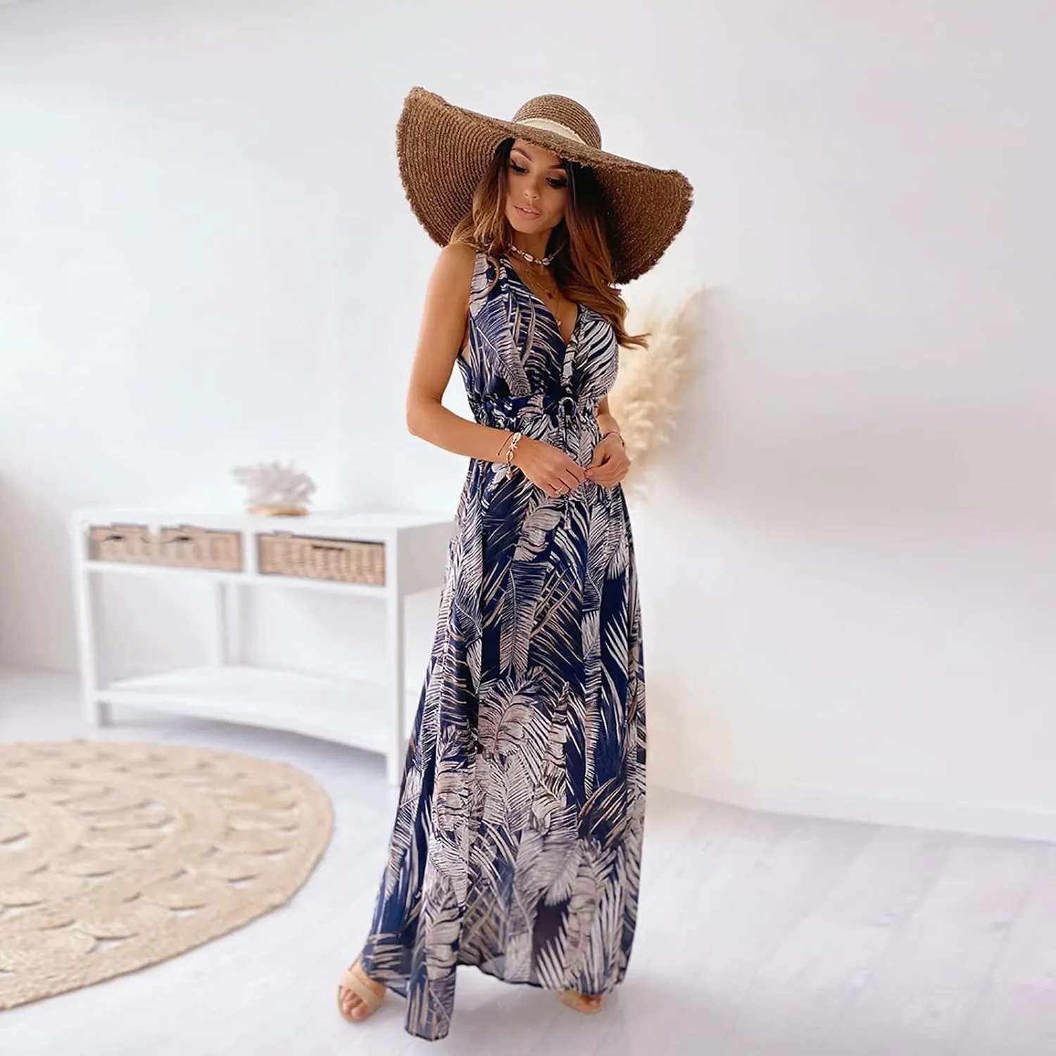 Hawaiian Dresses for Women Sleeveless V Neck Strappy Beach Boho Tropical Summer Maxi Dress Tie Floral Long Sundress