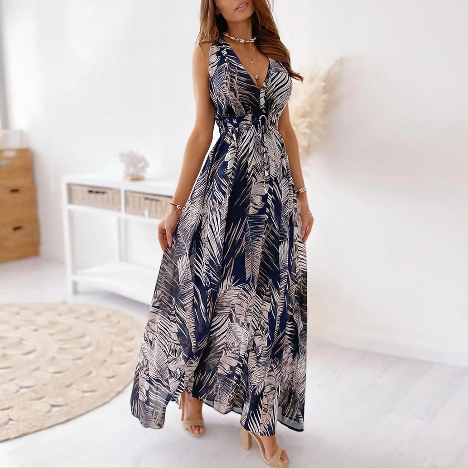Hawaiian Dresses for Women Sleeveless V Neck Strappy Beach Boho Tropical Summer Maxi Dress Tie Floral Long Sundress