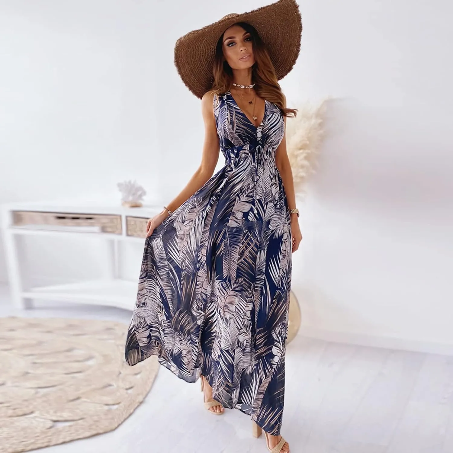 Hawaiian Dresses for Women Sleeveless V Neck Strappy Beach Boho Tropical Summer Maxi Dress Tie Floral Long Sundress
