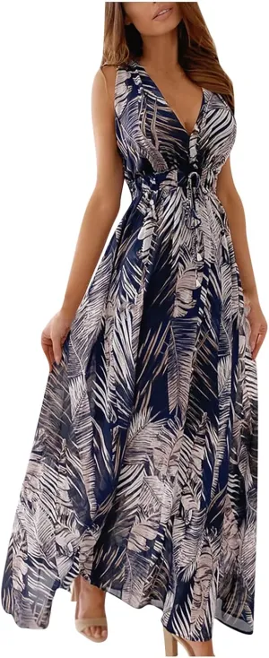 Hawaiian Dresses for Women Sleeveless V Neck Strappy Beach Boho Tropical Summer Maxi Dress Tie Floral Long Sundress