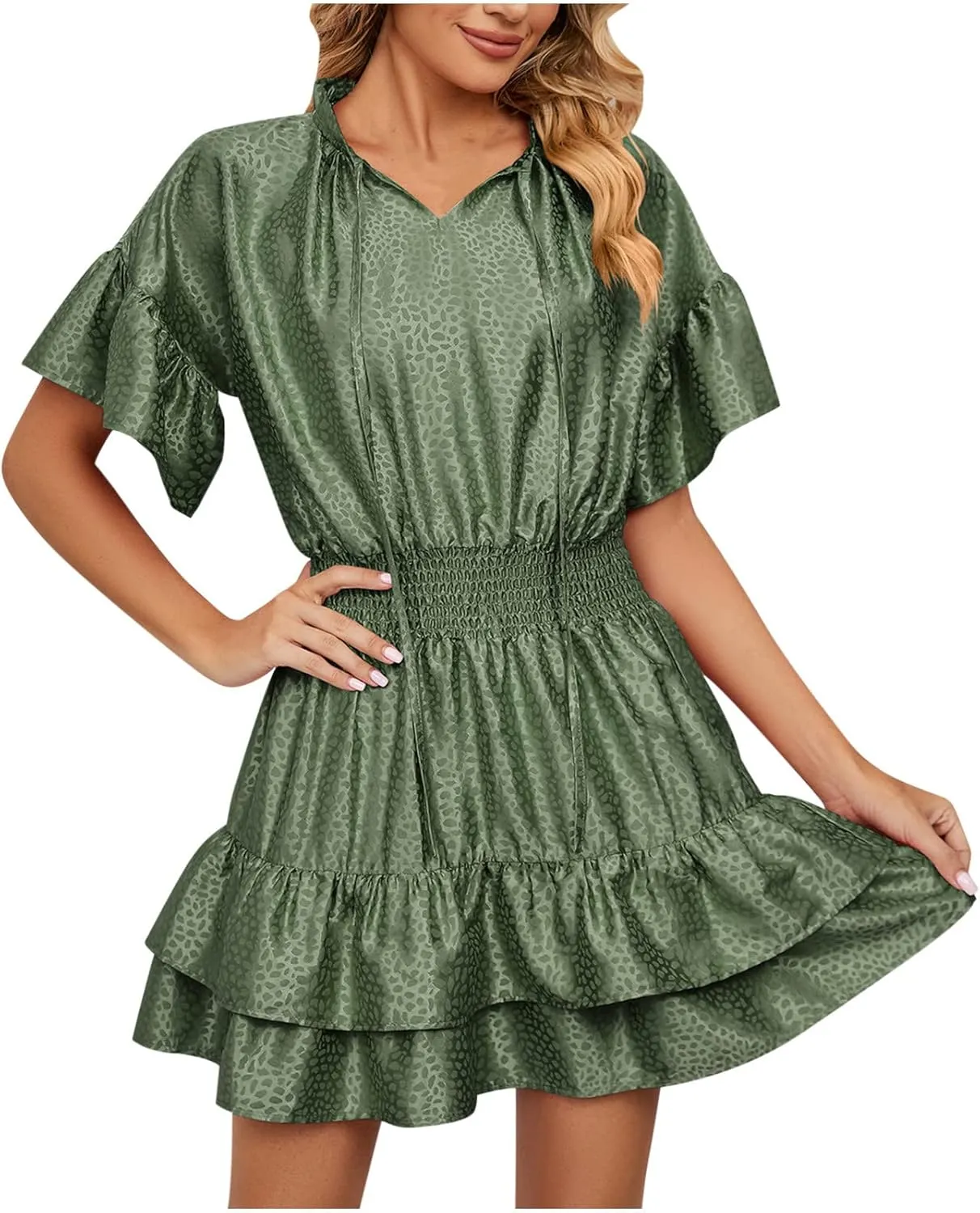 HGps8w Women Cute Summer Satin Dresses Lace-up V Neck Short Sleeve High Waist Ruffle Tiered A Line Swing Tunic Mini Dress