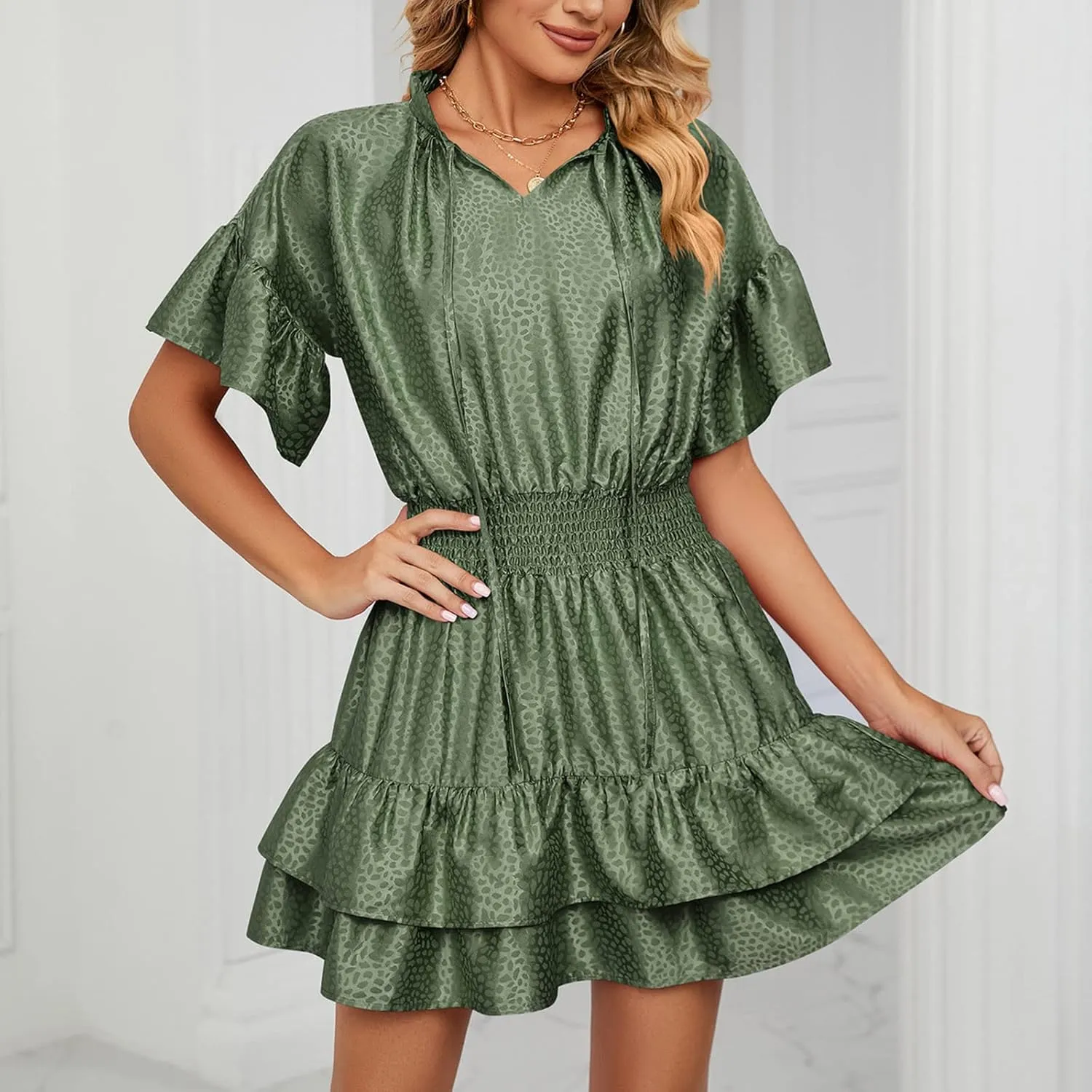 HGps8w Women Cute Summer Satin Dresses Lace-up V Neck Short Sleeve High Waist Ruffle Tiered A Line Swing Tunic Mini Dress