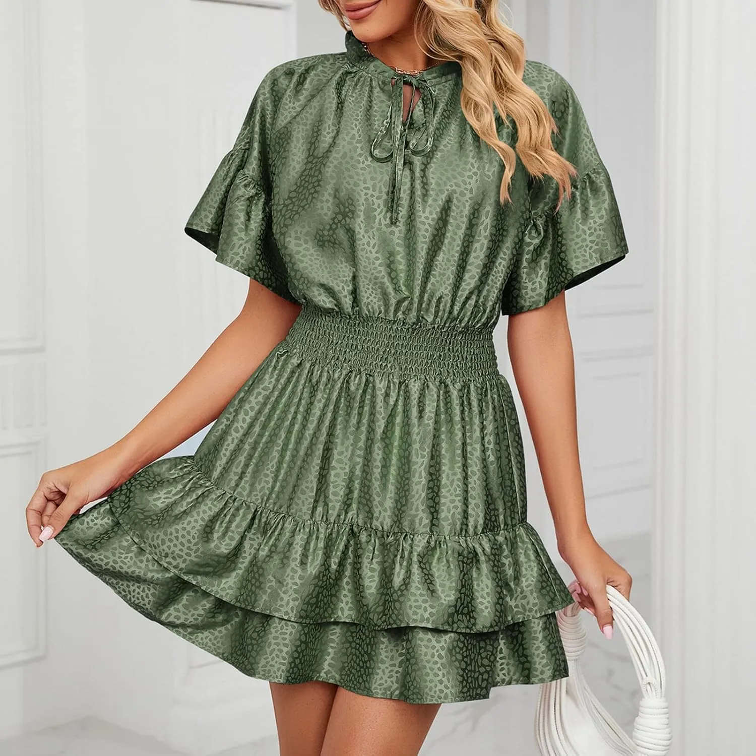 HGps8w Women Cute Summer Satin Dresses Lace-up V Neck Short Sleeve High Waist Ruffle Tiered A Line Swing Tunic Mini Dress