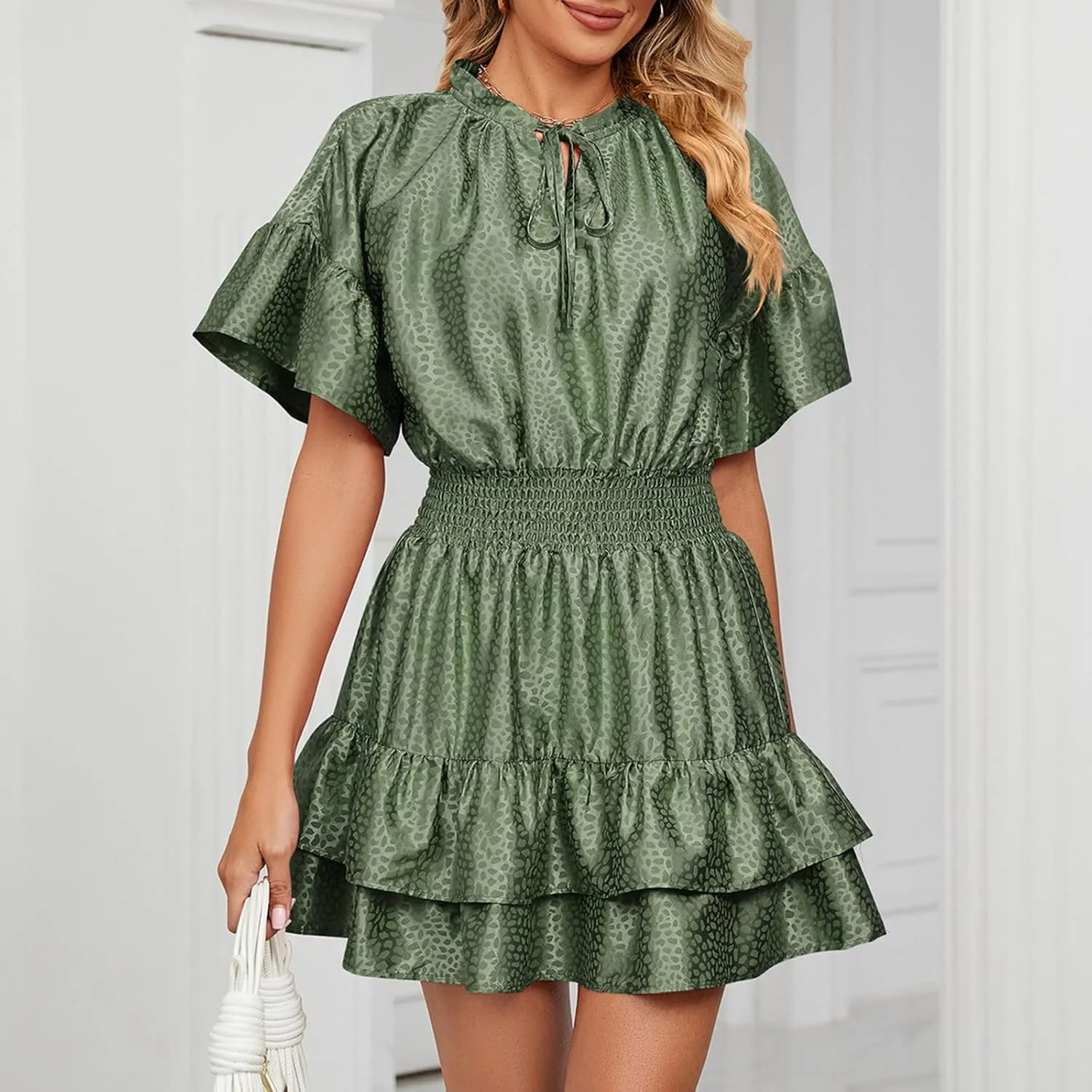 HGps8w Women Cute Summer Satin Dresses Lace-up V Neck Short Sleeve High Waist Ruffle Tiered A Line Swing Tunic Mini Dress