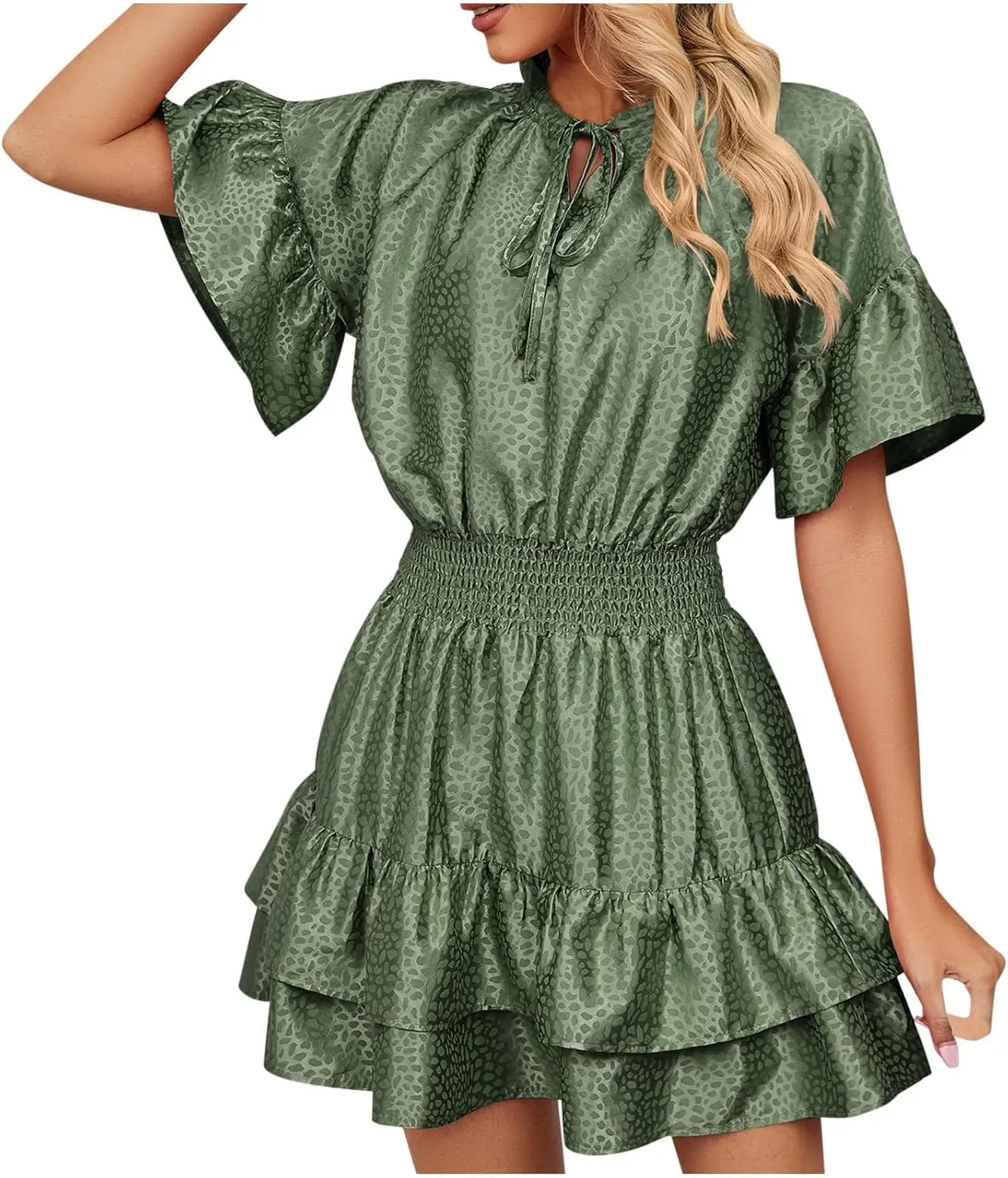 HGps8w Women Cute Summer Satin Dresses Lace-up V Neck Short Sleeve High Waist Ruffle Tiered A Line Swing Tunic Mini Dress