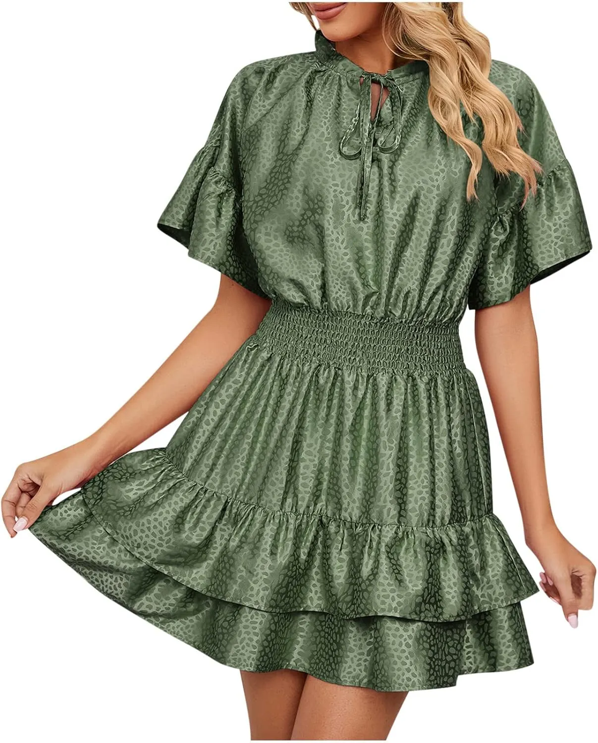 HGps8w Women Cute Summer Satin Dresses Lace-up V Neck Short Sleeve High Waist Ruffle Tiered A Line Swing Tunic Mini Dress