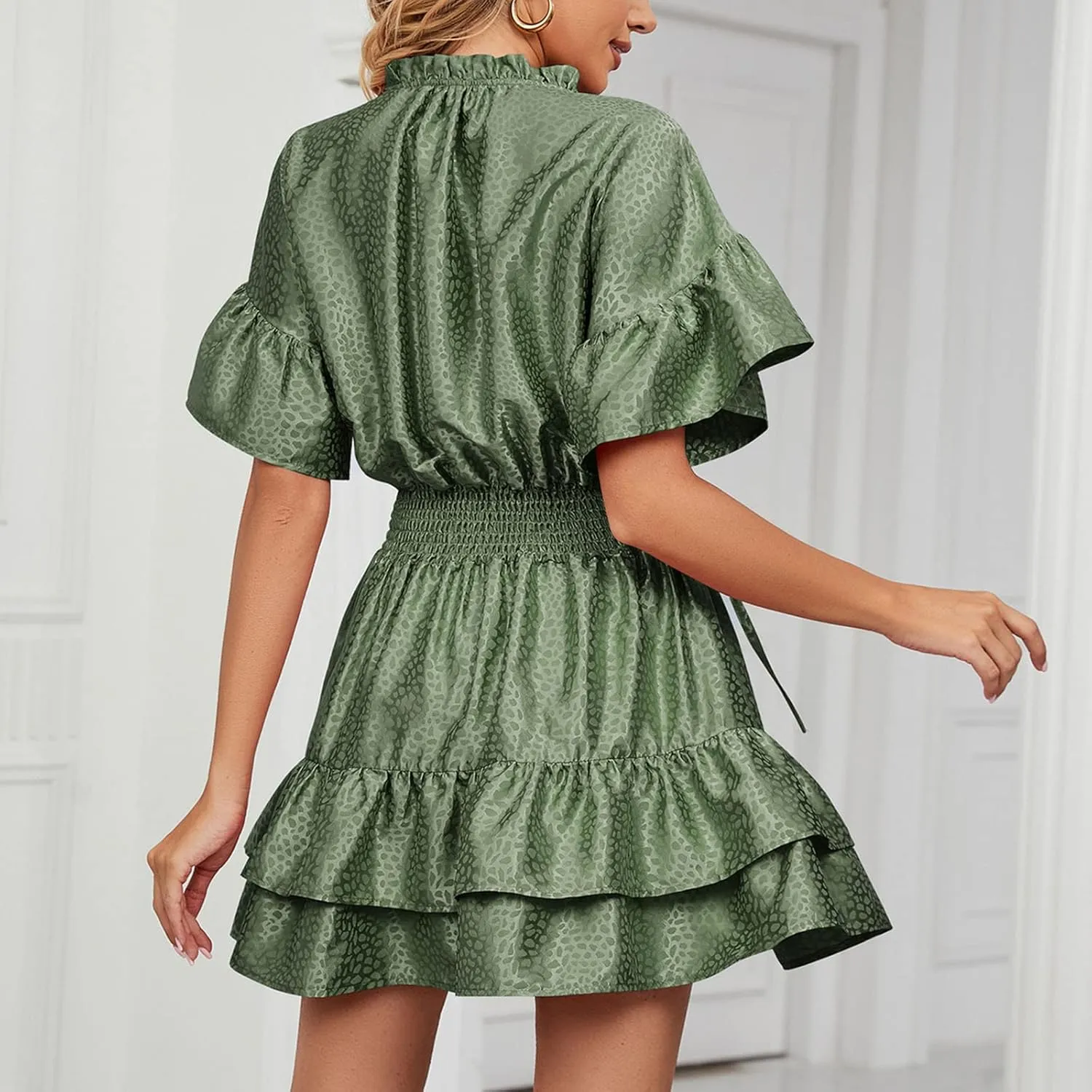 HGps8w Women Cute Summer Satin Dresses Lace-up V Neck Short Sleeve High Waist Ruffle Tiered A Line Swing Tunic Mini Dress