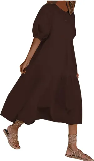 HGps8w Women Loose Boho Dresses 2025 Summer Plus Size Solid Color Puff Short Sleeve Crewneck Cute Midi Sun Dress
