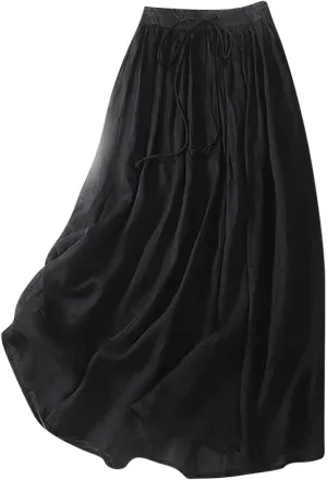 hlysgo Women's Boho High Waist A Line Pleated Flowy Midi Skirts Lightweight Summer Cotton Linen Long Skirt with Pockets