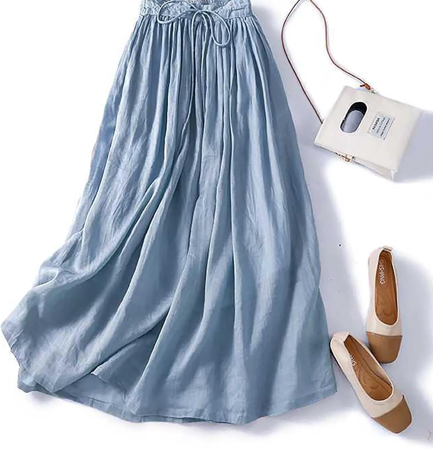 hlysgo Women's Boho High Waist A Line Pleated Flowy Midi Skirts Lightweight Summer Cotton Linen Long Skirt with Pockets