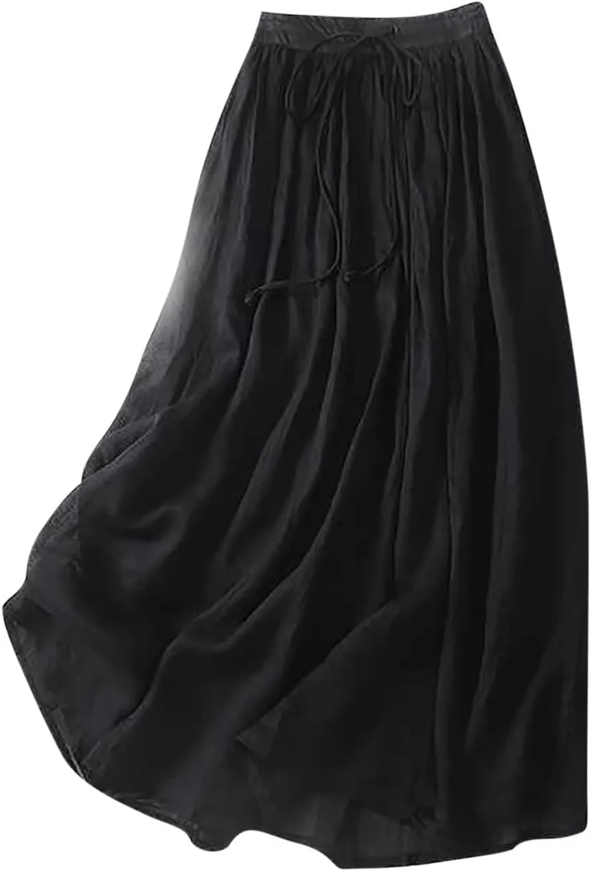 hlysgo Women's Boho High Waist A Line Pleated Flowy Midi Skirts Lightweight Summer Cotton Linen Long Skirt with Pockets