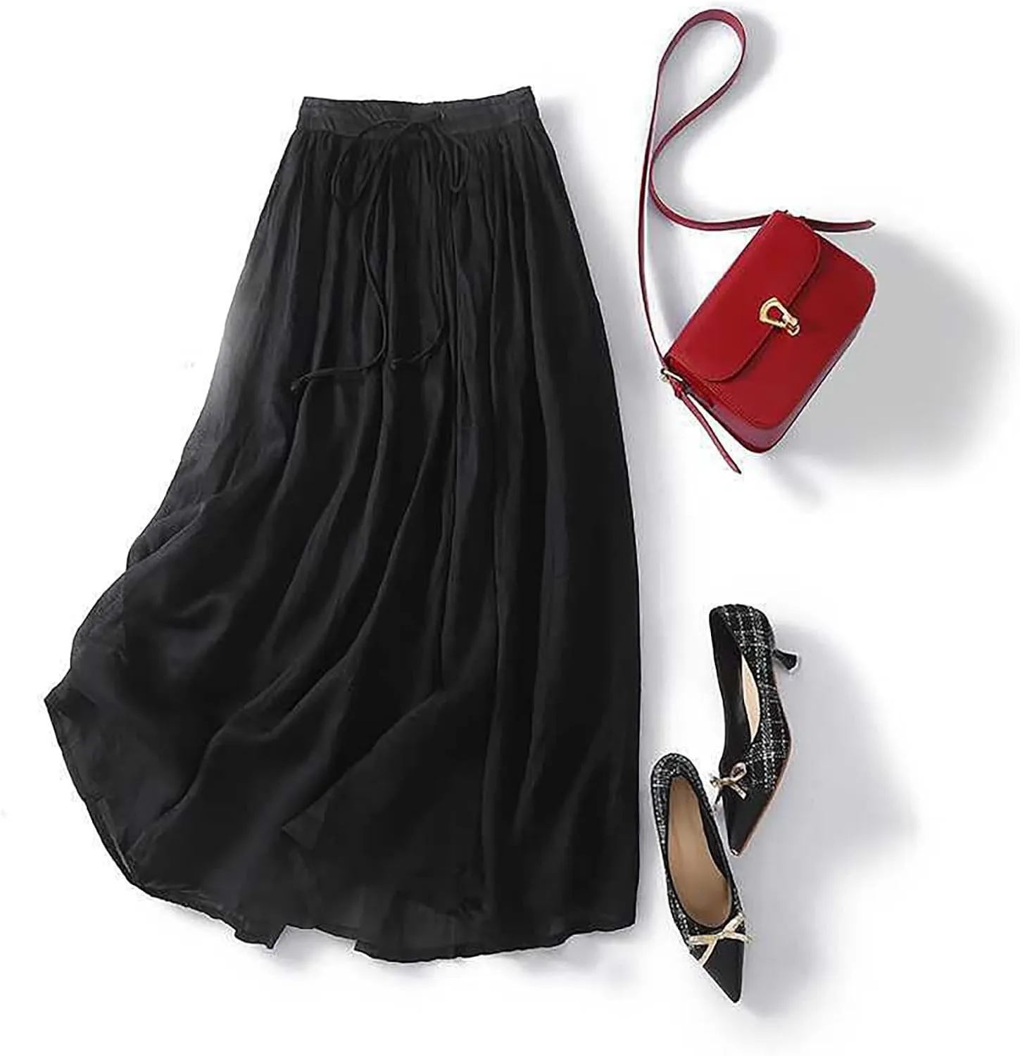 hlysgo Women's Boho High Waist A Line Pleated Flowy Midi Skirts Lightweight Summer Cotton Linen Long Skirt with Pockets