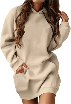 Hoodie Dress for Women Solid Colour Long Sleeve Pullover Tops with Pocket Oversized Casual Fashion Sweatshirt Dress