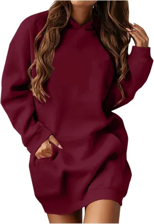 Hoodie Dress for Women Solid Colour Long Sleeve Pullover Tops with Pocket Oversized Casual Fashion Sweatshirt Dress