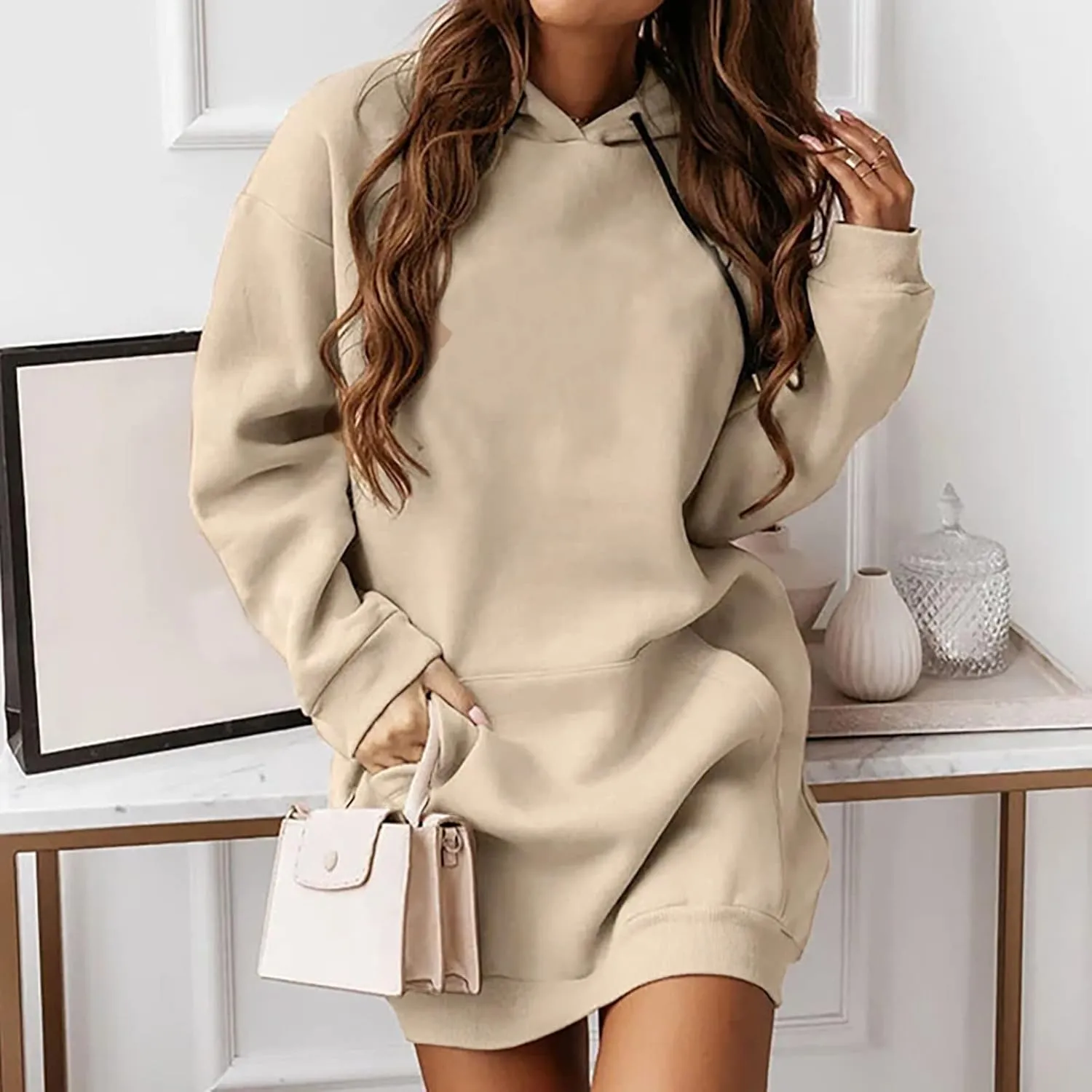 Hoodie Dress for Women Solid Colour Long Sleeve Pullover Tops with Pocket Oversized Casual Fashion Sweatshirt Dress