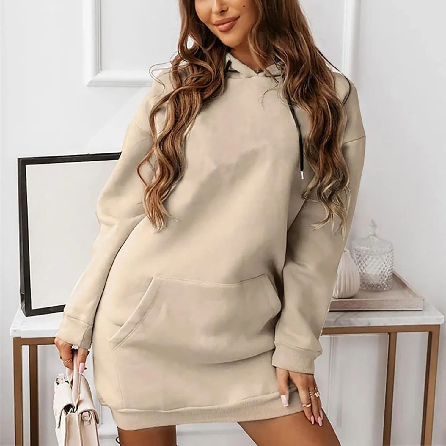 Hoodie Dress for Women Solid Colour Long Sleeve Pullover Tops with Pocket Oversized Casual Fashion Sweatshirt Dress