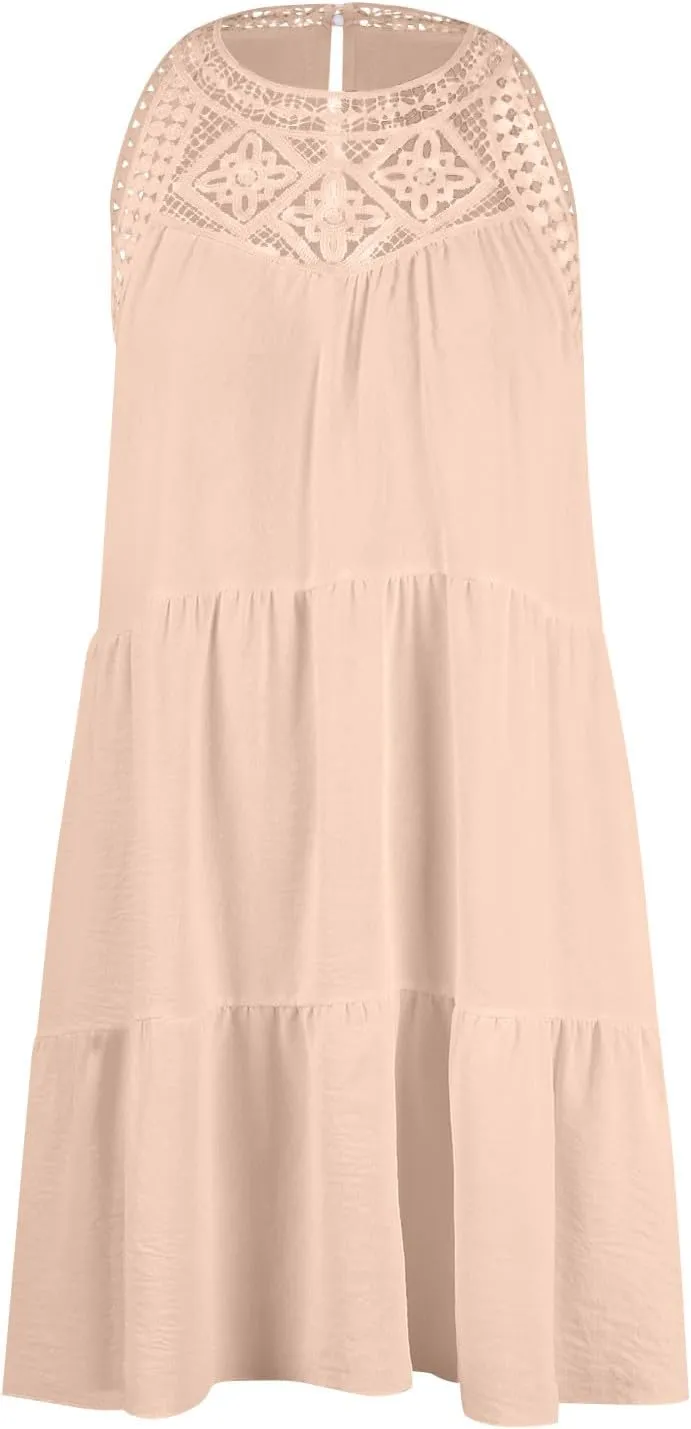 HXHYQKP Womens Summer Casual Sleeveless Halter Sundress 2025 Hollow Out Tiered Swing A Line Mini Beach Vacation Dresses
