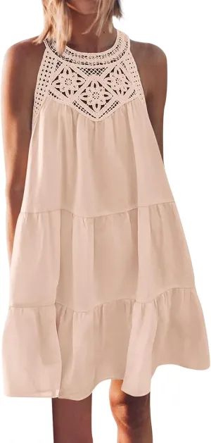 HXHYQKP Womens Summer Casual Sleeveless Halter Sundress 2025 Hollow Out Tiered Swing A Line Mini Beach Vacation Dresses