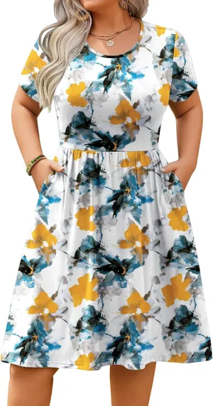 IN'VOLAND Womens Plus Size Summer Dress Short Sleeve Casual Mini Dresses Empire Waist T-Shirt Dress with Pockets