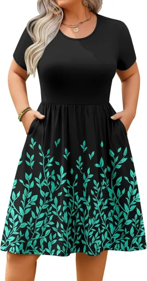 IN'VOLAND Womens Plus Size Summer Dress Short Sleeve Casual Mini Dresses Empire Waist T-Shirt Dress with Pockets