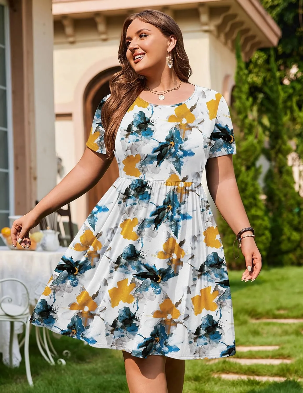 IN'VOLAND Womens Plus Size Summer Dress Short Sleeve Casual Mini Dresses Empire Waist T-Shirt Dress with Pockets