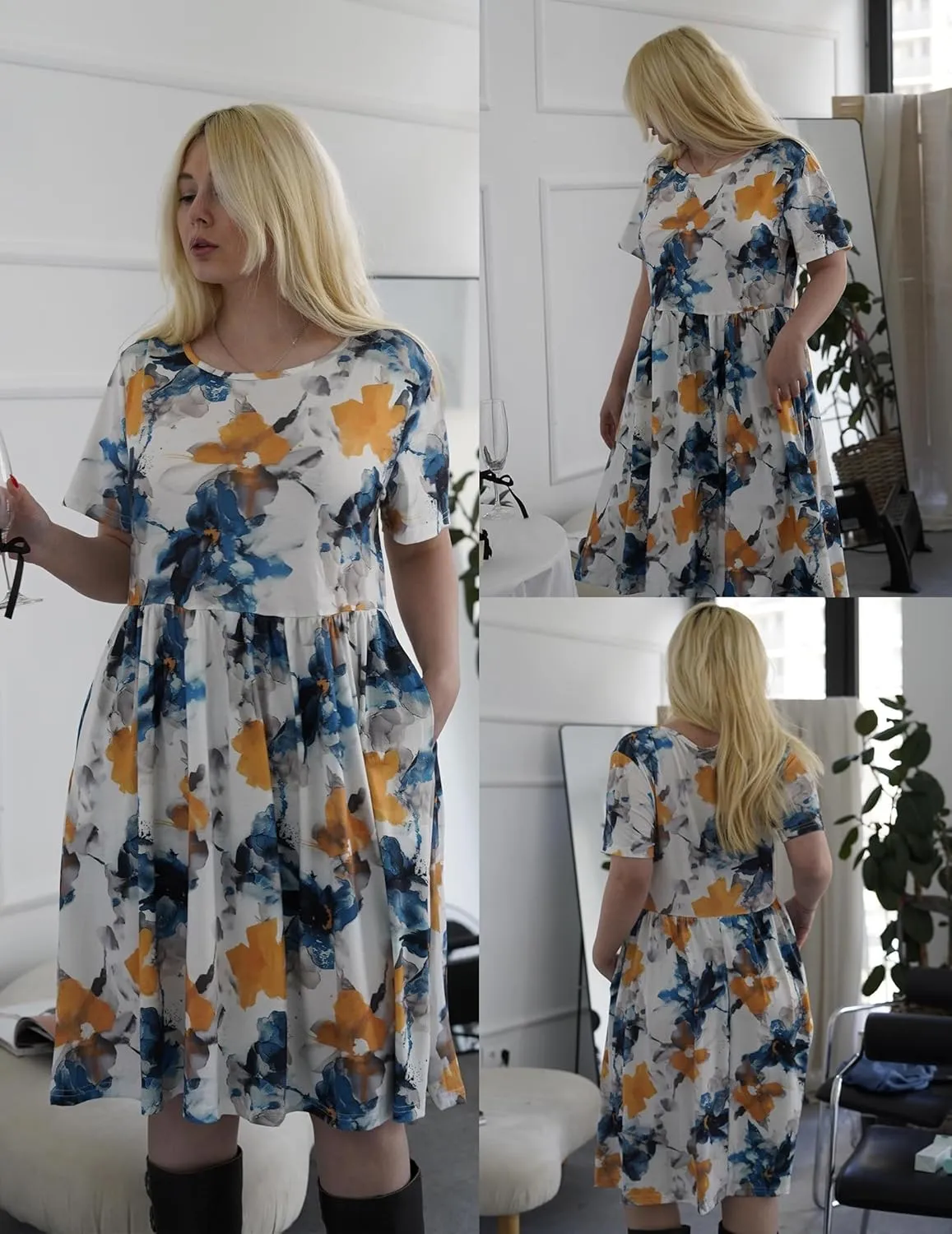 IN'VOLAND Womens Plus Size Summer Dress Short Sleeve Casual Mini Dresses Empire Waist T-Shirt Dress with Pockets