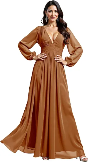 JAEDEN Bridesmaid Dresses for Women  V Neck, Long Sleeves, Chiffon A-Line Formal Evening Gown for Wedding Party
