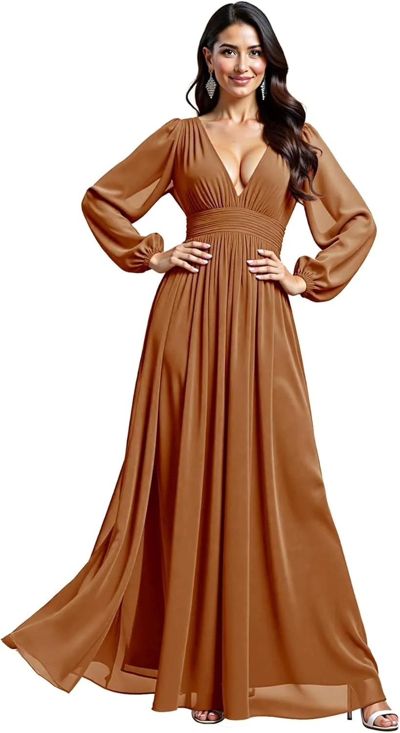 JAEDEN Bridesmaid Dresses for Women  V Neck, Long Sleeves, Chiffon A-Line Formal Evening Gown for Wedding Party