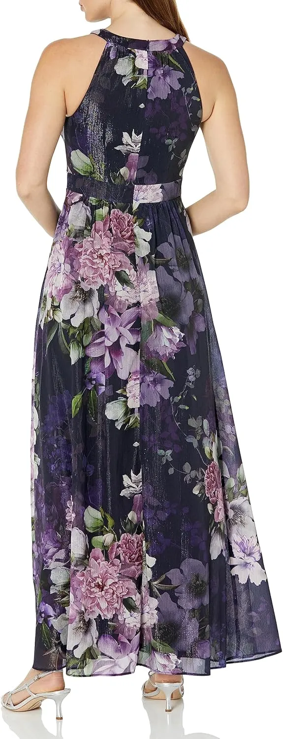 Jessica Howard Women's Petite Floral Lurex Chiffon Gown  Sleeveless Maxi Wedding Guest Dress