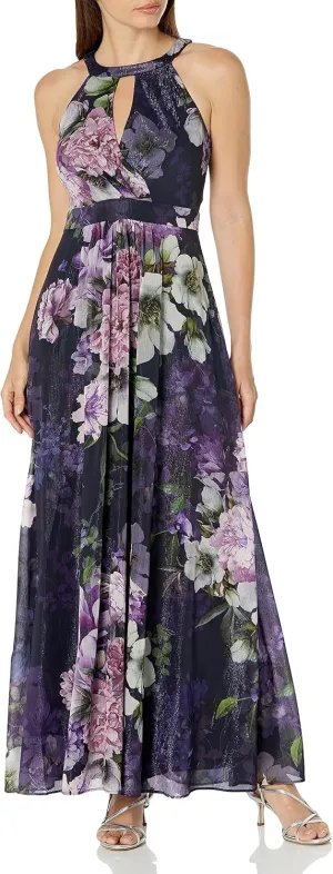 Jessica Howard Women's Petite Floral Lurex Chiffon Gown  Sleeveless Maxi Wedding Guest Dress