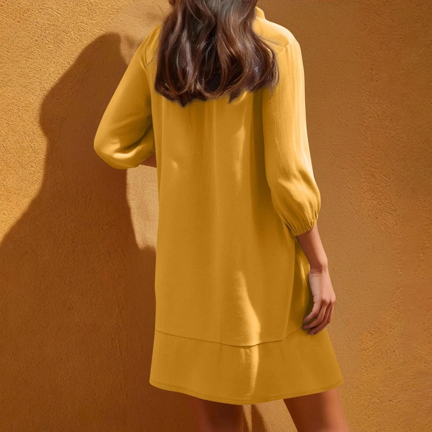 JOAU Womens 3/4 Sleeve Shirt Dress Summer Casual V Neck Drawstring Ruffle Hem A-Line Pleated Beach Midi Dresses with Pockets