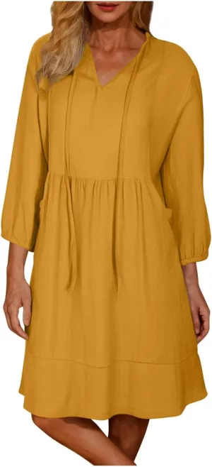 JOAU Womens 3/4 Sleeve Shirt Dress Summer Casual V Neck Drawstring Ruffle Hem A-Line Pleated Beach Midi Dresses with Pockets