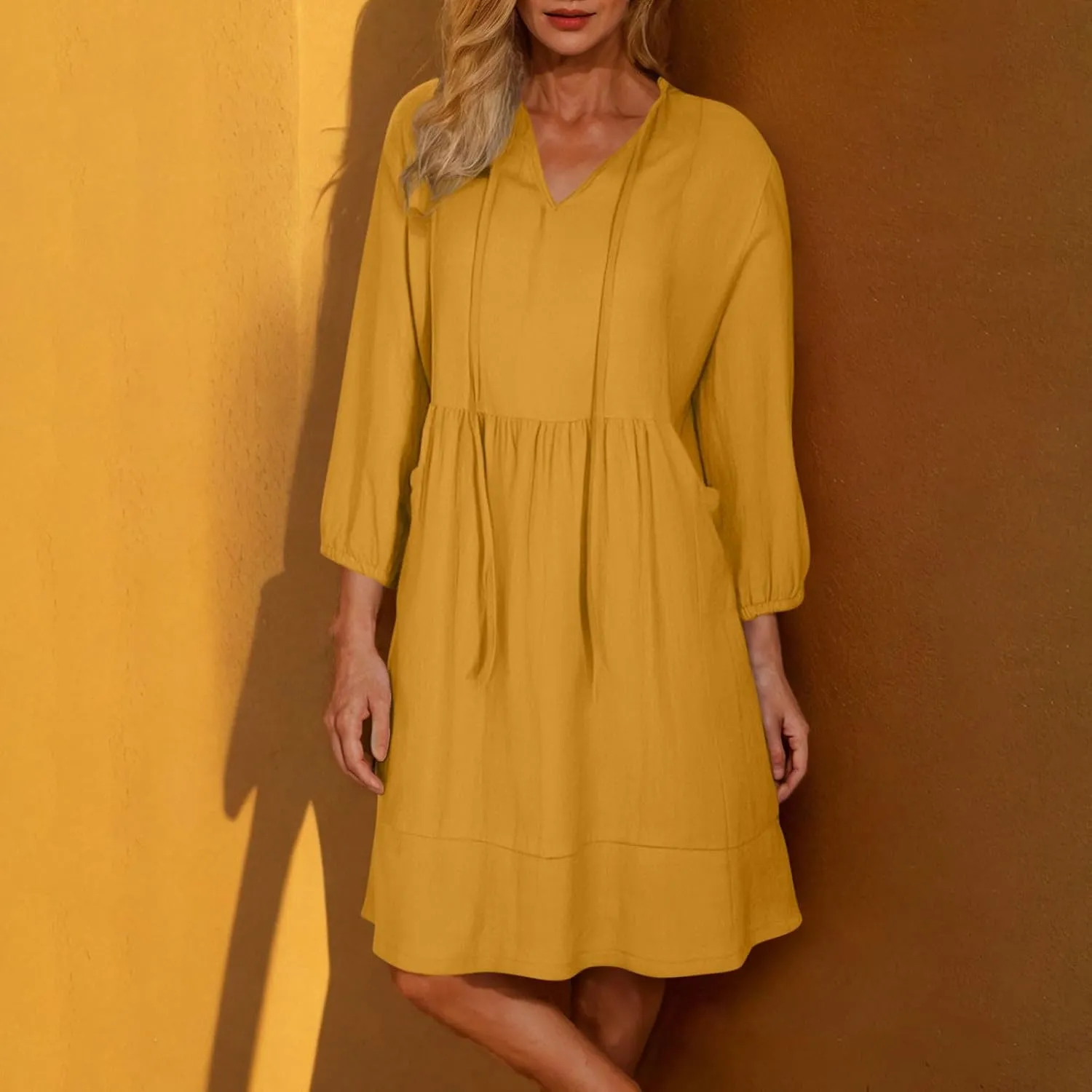 JOAU Womens 3/4 Sleeve Shirt Dress Summer Casual V Neck Drawstring Ruffle Hem A-Line Pleated Beach Midi Dresses with Pockets
