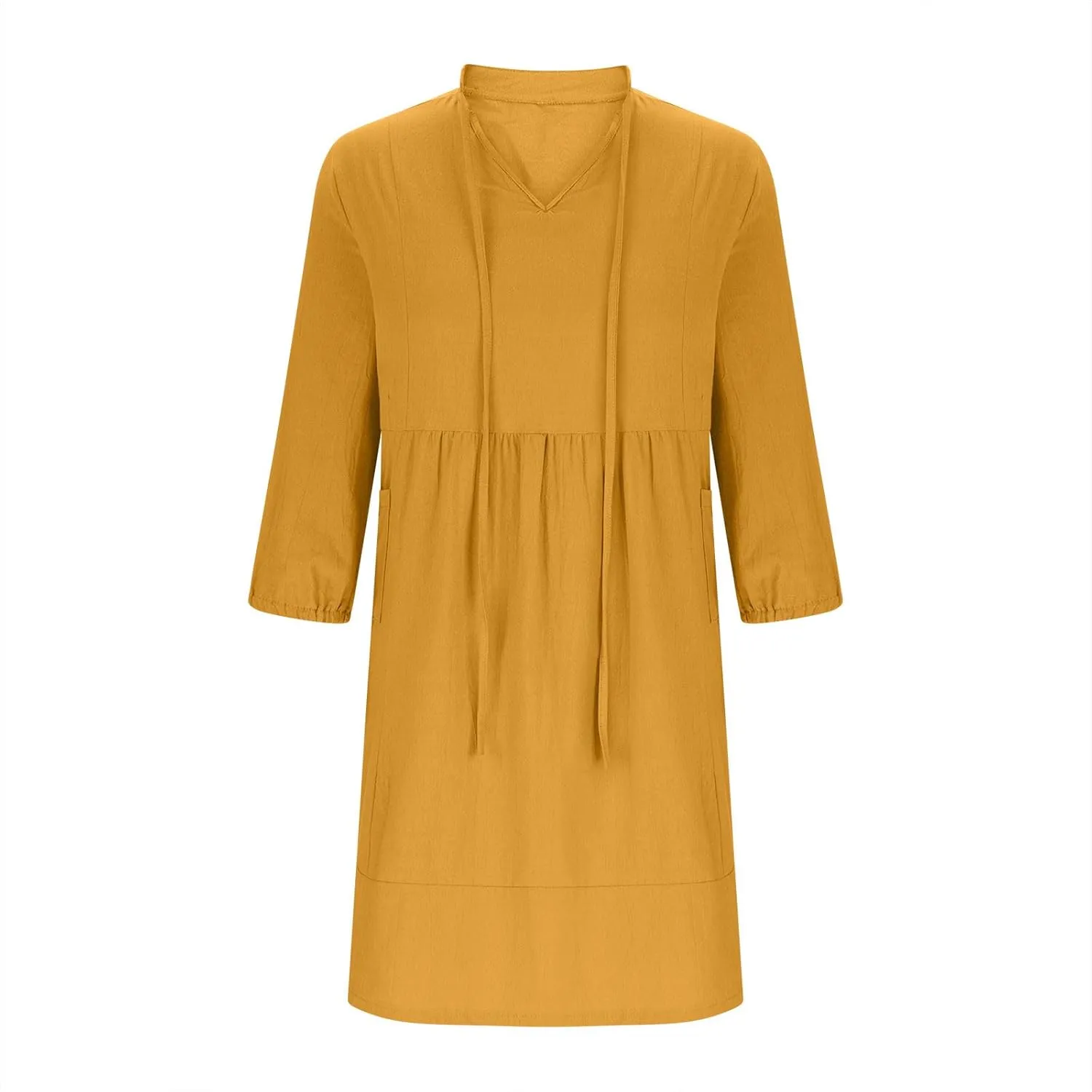 JOAU Womens 3/4 Sleeve Shirt Dress Summer Casual V Neck Drawstring Ruffle Hem A-Line Pleated Beach Midi Dresses with Pockets