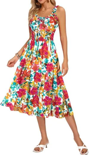 Kate Kasin Womens Dresses Floral Boho Casual Ruffle Sleeveless Square Neck A Line Beach Vacation Swing Midi Sundress
