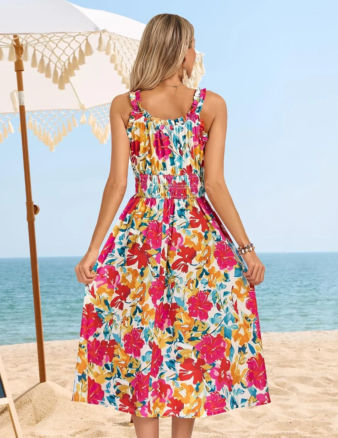 Kate Kasin Womens Dresses Floral Boho Casual Ruffle Sleeveless Square Neck A Line Beach Vacation Swing Midi Sundress